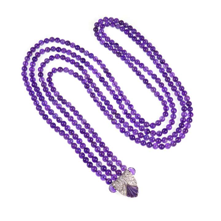 Long two row amethyst bead necklace with diamond and amethyst arrowhead cluster pendant-clip